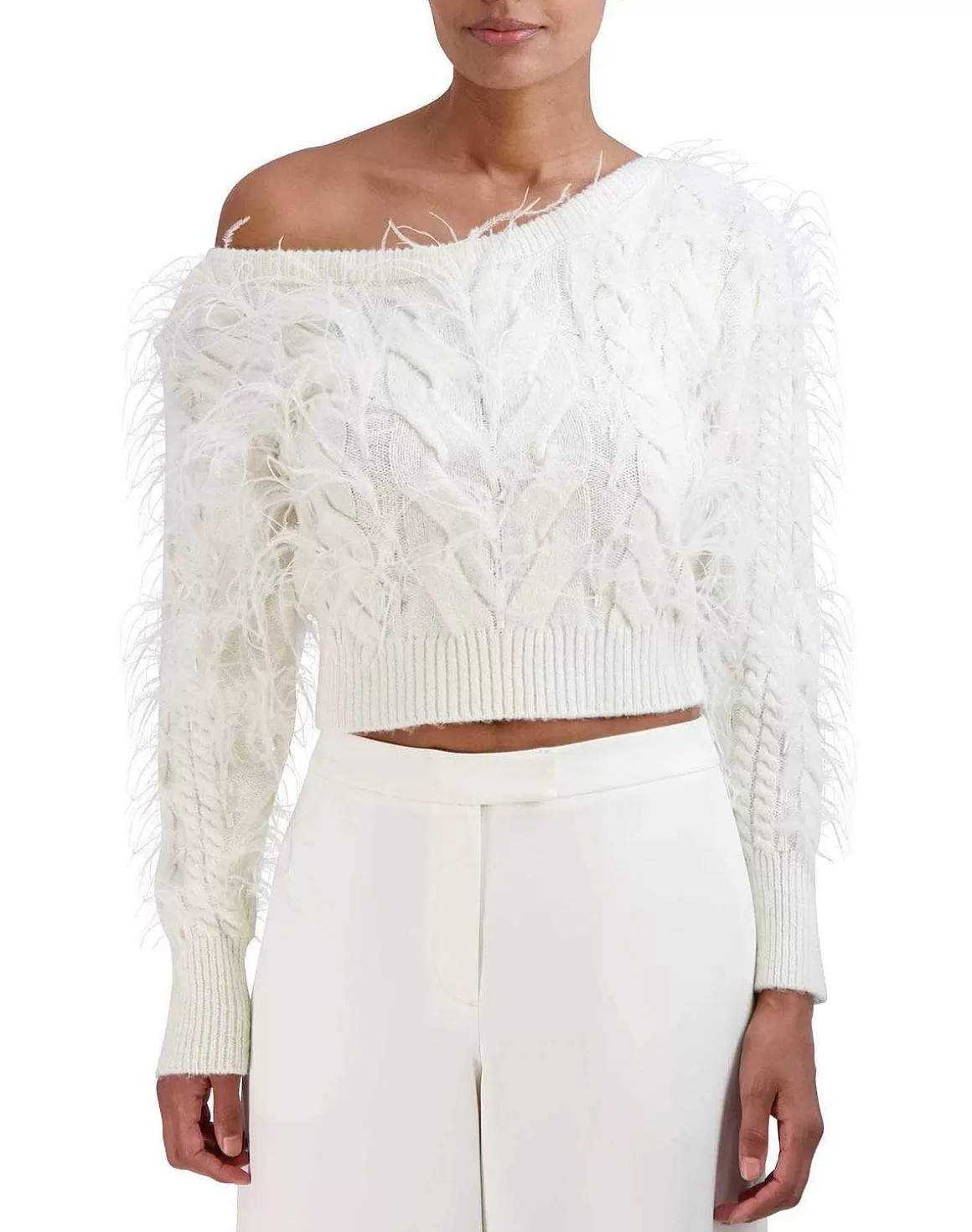 BCBGMAXAZRIA Crop Asymmetric Sweater Pullover With Plumas Online