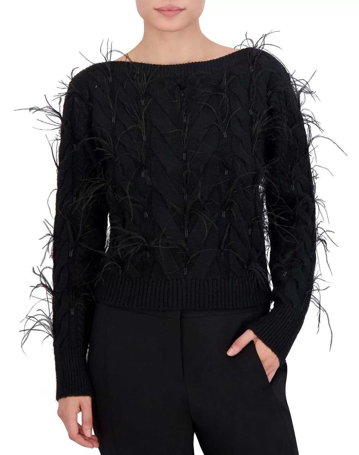 BCBGMAXAZRIA Crop Asymmetric Sweater Pullover With Plumas Shop