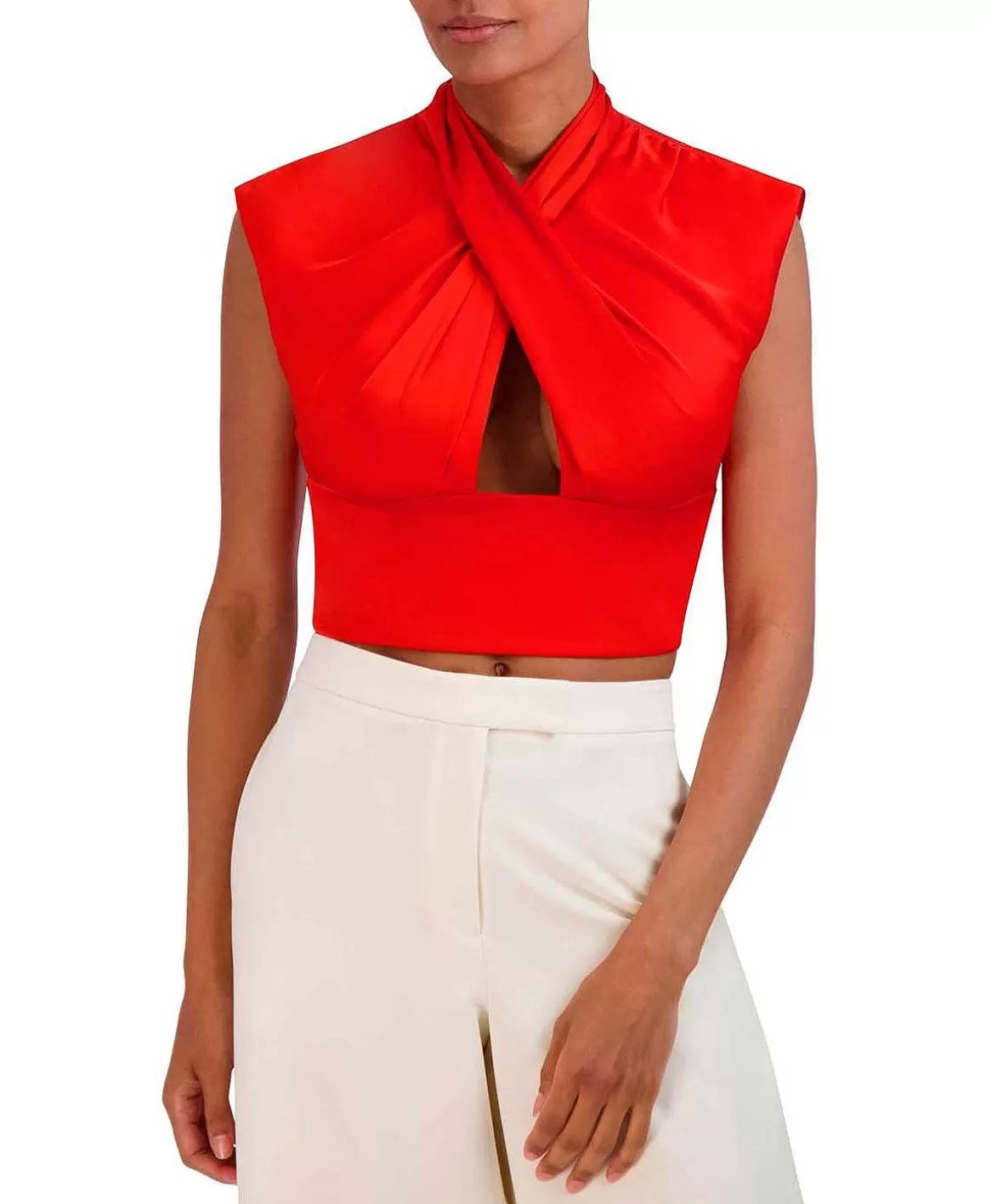 BCBGMAXAZRIA Crop Blouse Halter Effect Drapeed Cutout Online