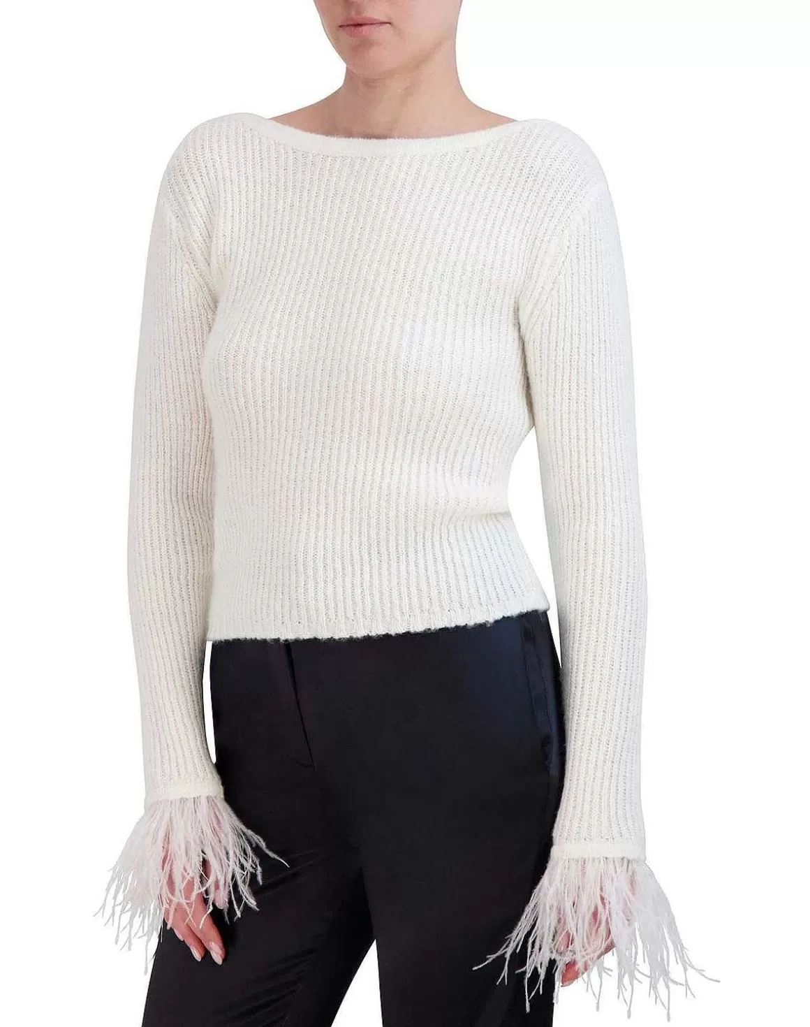 BCBGMAXAZRIA Large Sleeve Ribbed Sweater Pullover With Plumas Clearance