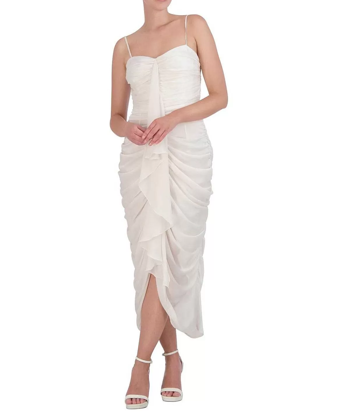 BCBGMAXAZRIA Satin Draped Midi Dress With Tires Outlet