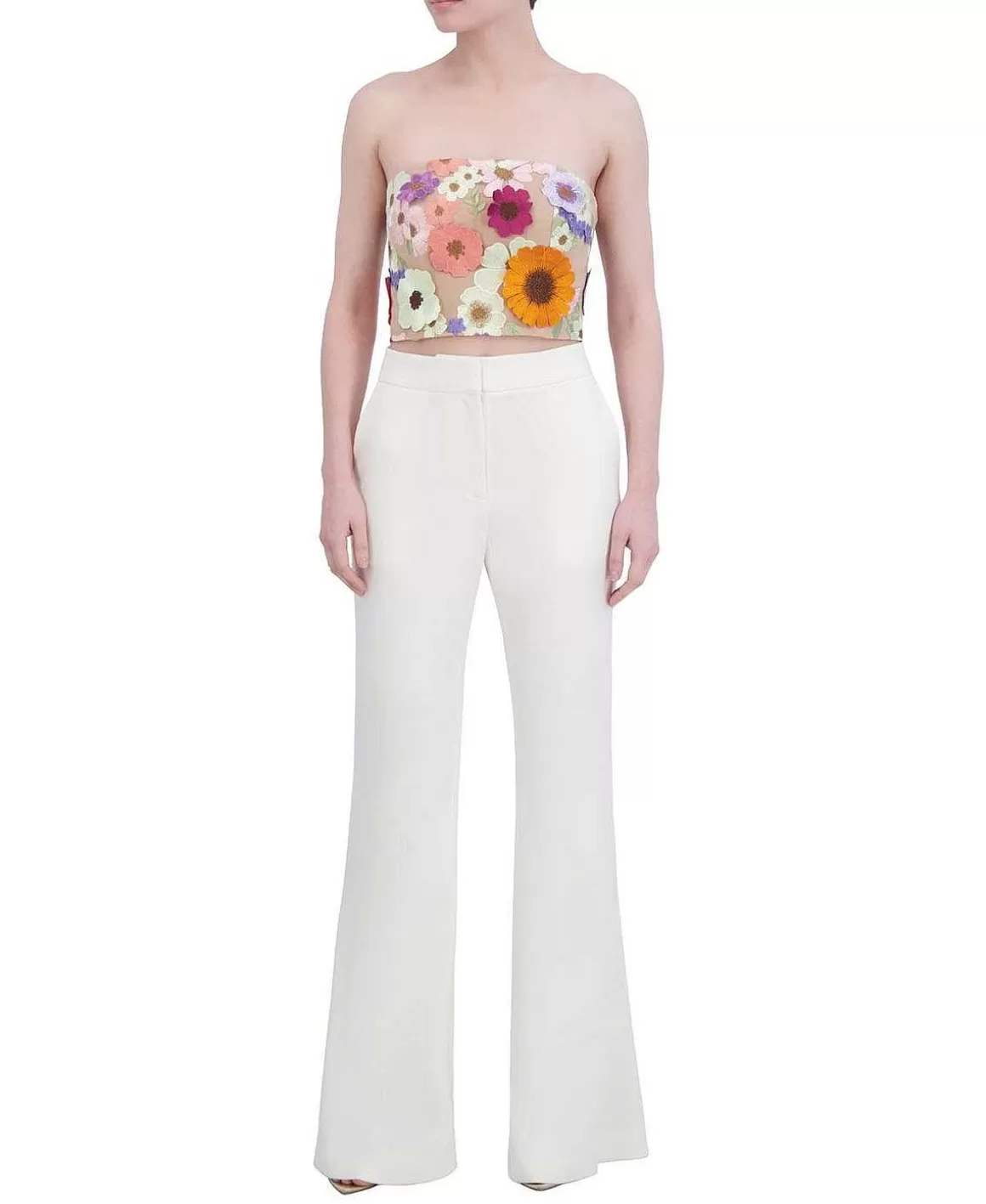 BCBGMAXAZRIA Tul Crop Top With Floral Embroidered Appliances Sale