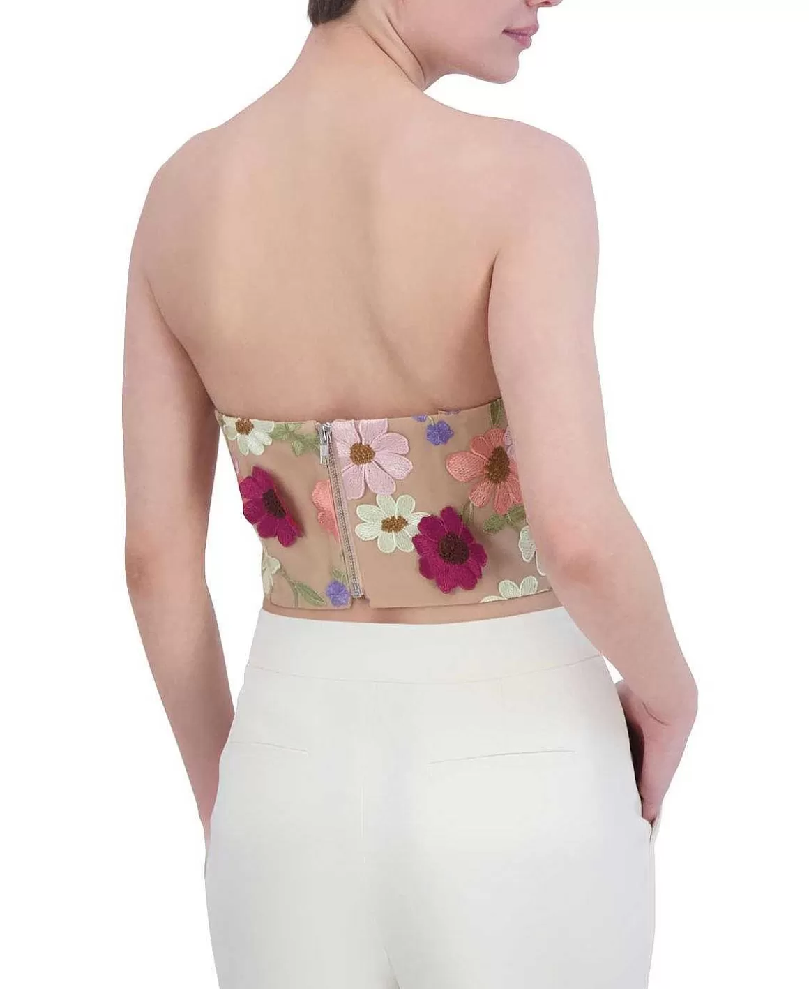 BCBGMAXAZRIA Tul Crop Top With Floral Embroidered Appliances Sale