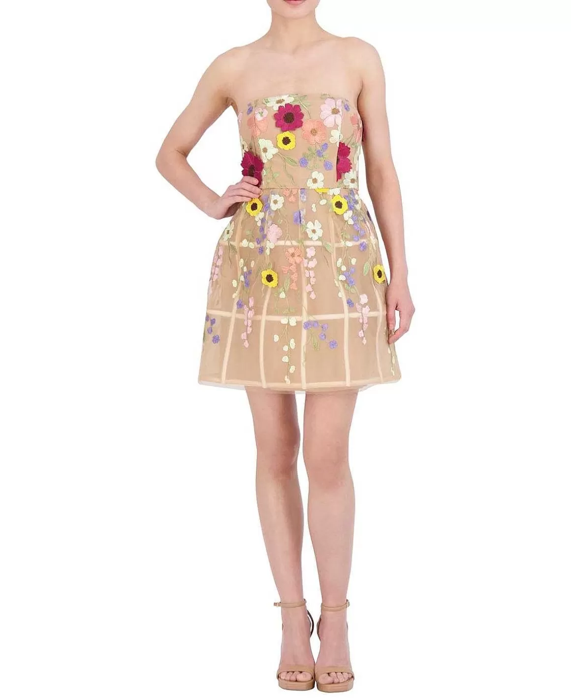 BCBGMAXAZRIA Tul Dress With Floral Embroidered Appliances Store