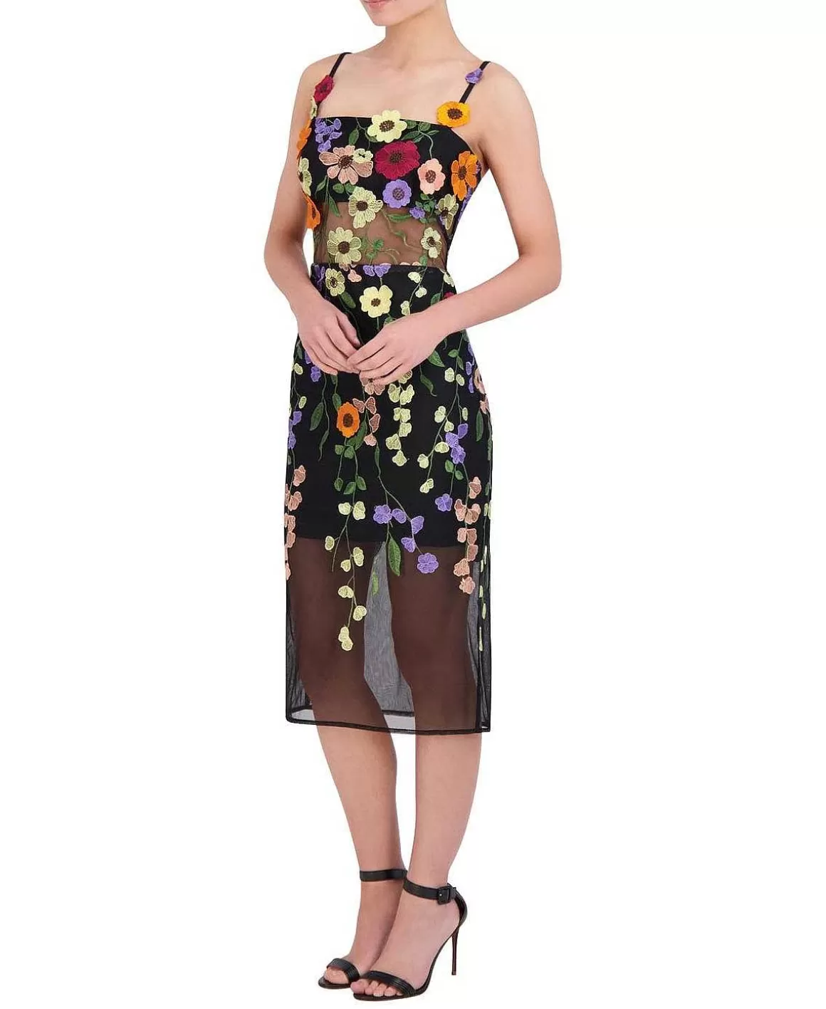 BCBGMAXAZRIA Tul Midi Dress With Floral Embroidered Appliances Store