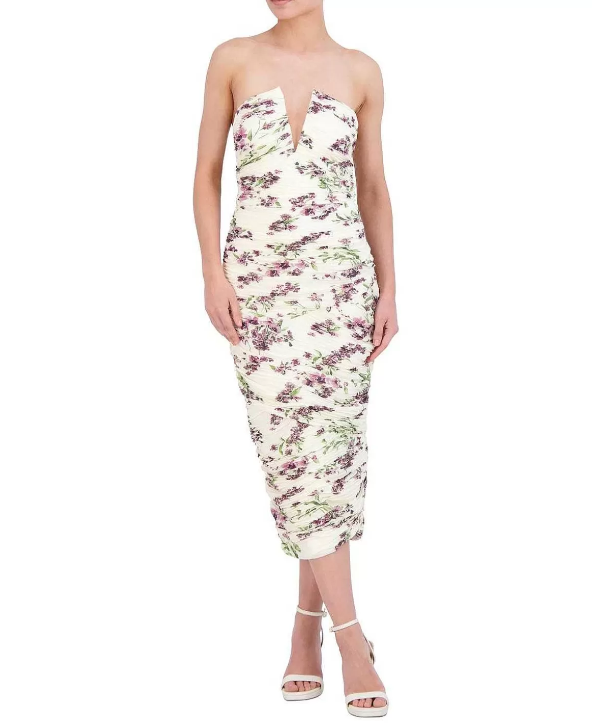 BCBGMAXAZRIA V-Drapeed V-Shirt Floral Midi Dress Clearance