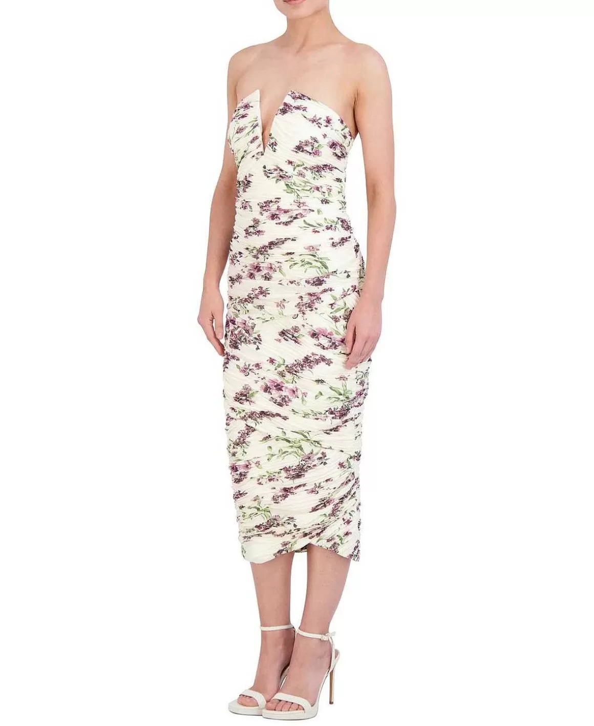 BCBGMAXAZRIA V-Drapeed V-Shirt Floral Midi Dress Clearance