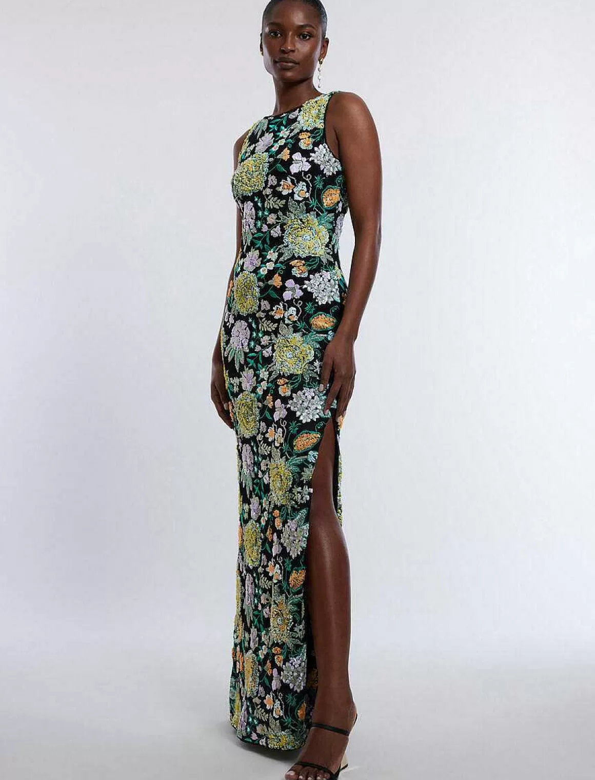 BCBGMAXAZRIA Wide Dress With Floral Embroidery Lentejuelas Hot